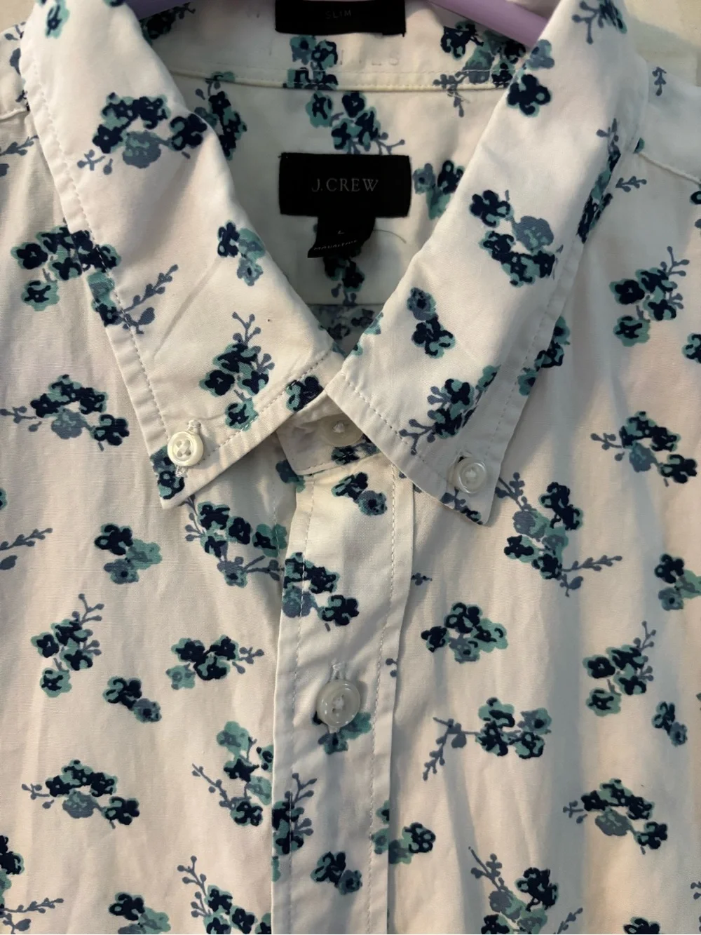 J.CREW Men's White Blue Floral Short Sleeve Cotton Button-Down Shirt L